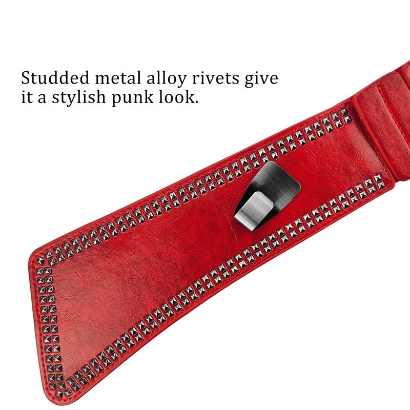 macoking Studded Wide Belts for Women Elastic Chunky Waistband for 80s Dress, Red, M - Image 5